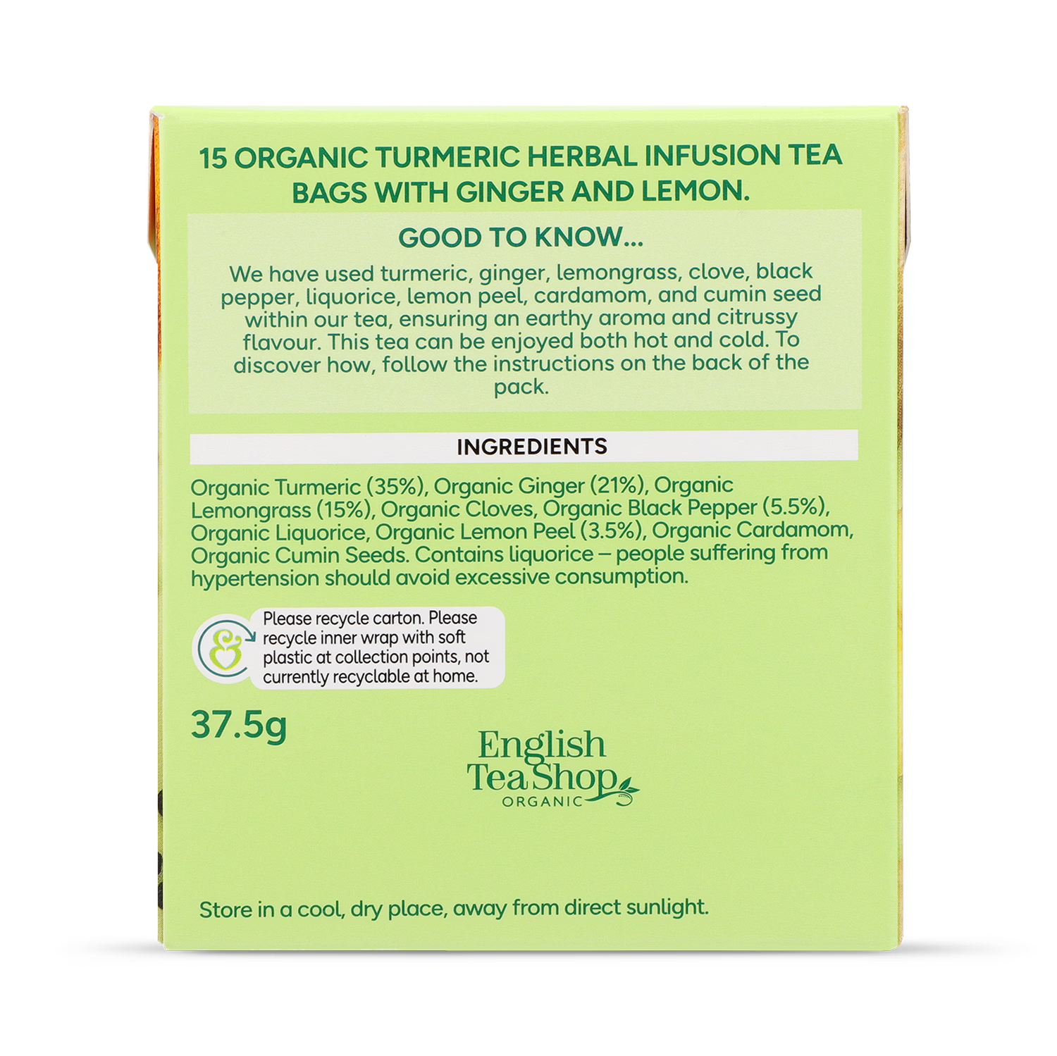 Organic Turmeric Ginger Lemon Herbal Tea 15 Tea Bags