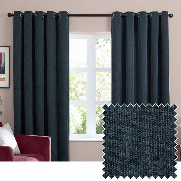 Furn soft chenille blackout eyelet curtains navy blue 117x137cm, UK version