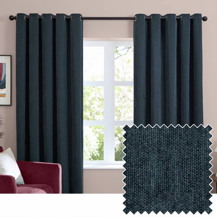 Furn soft chenille blackout eyelet curtains navy blue 117x137cm, UK version