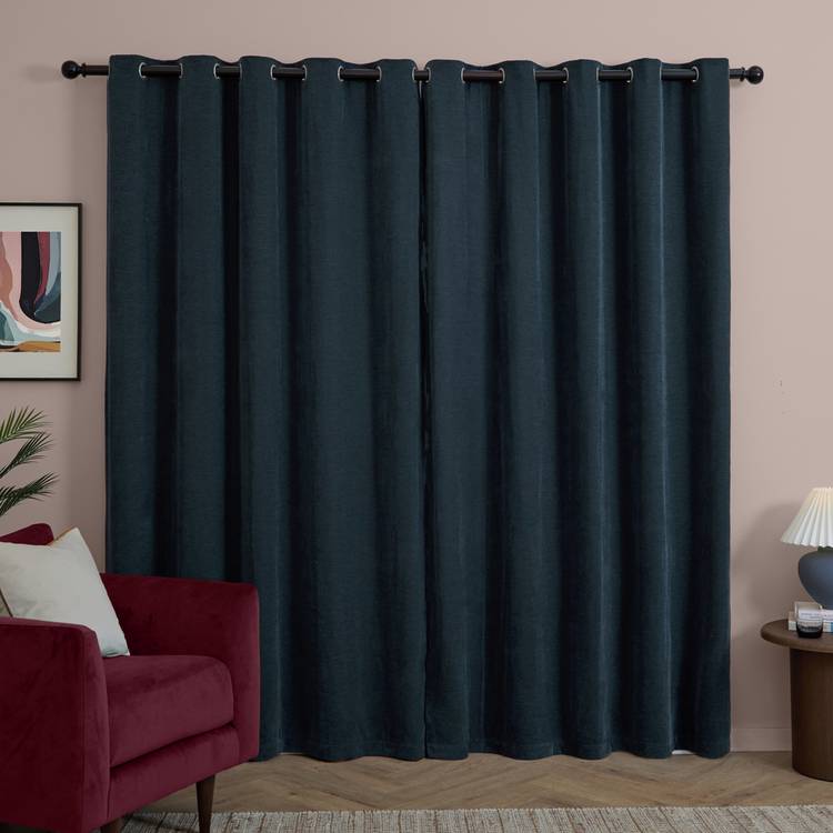 Furn soft chenille blackout eyelet curtains navy blue 117x137cm, UK version
