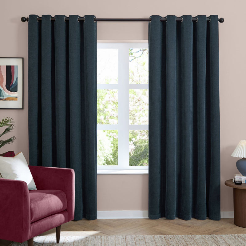 Furn Soft Chenille Blackout Eyelet Curtains - Navy Blue - 117x183cm