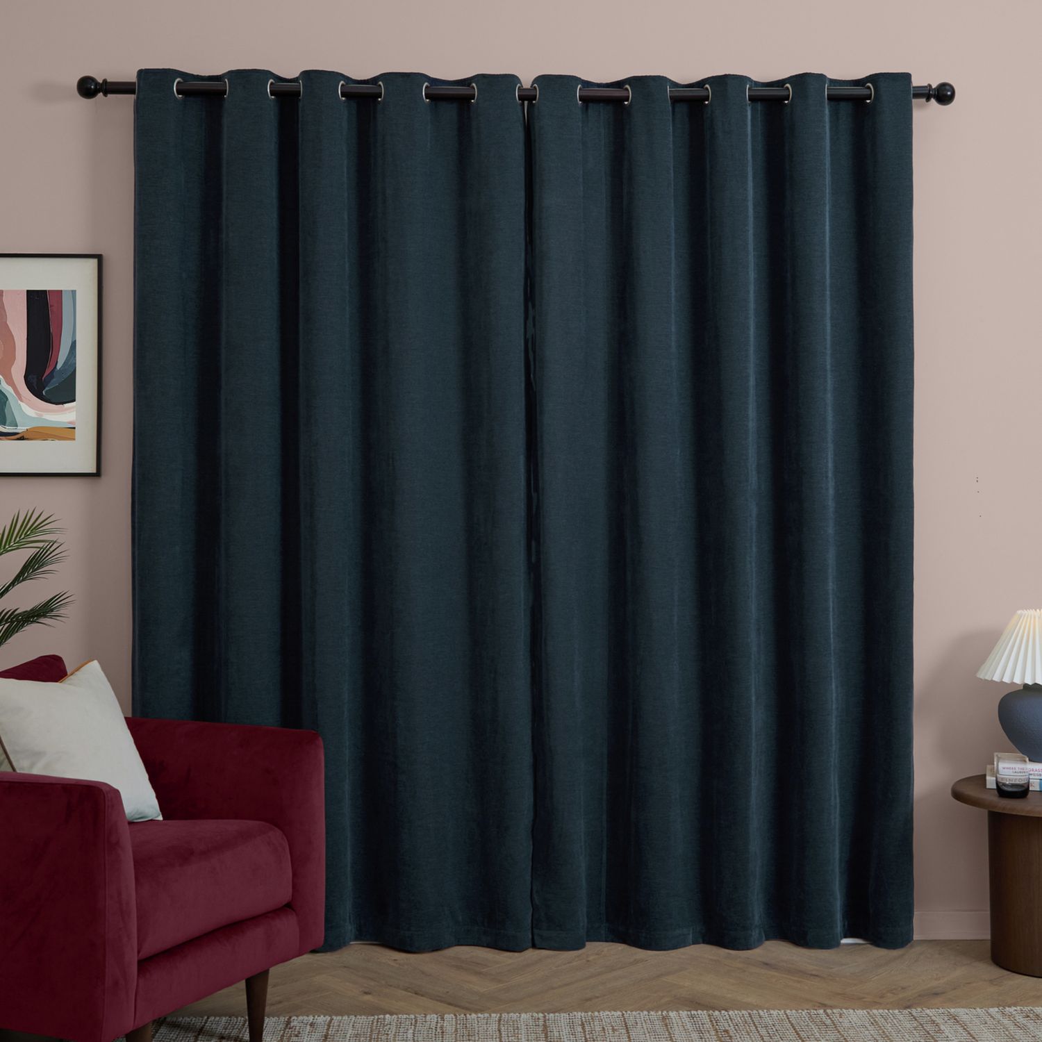 Furn Soft Chenille Blackout Eyelet Curtains - Navy Blue - 117x183cm