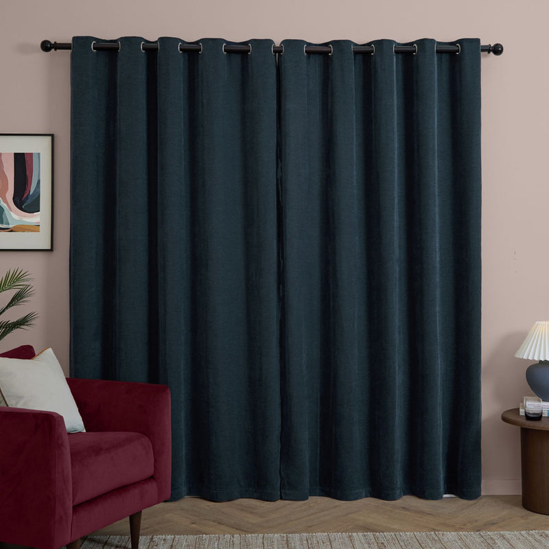 Furn Soft Chenille Blackout Eyelet Curtains - Navy Blue - 117x183cm
