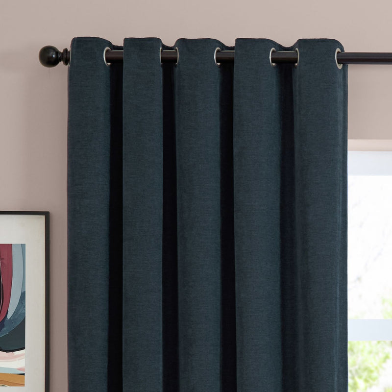 Furn Soft Chenille Blackout Eyelet Curtains - Navy Blue - 117x183cm