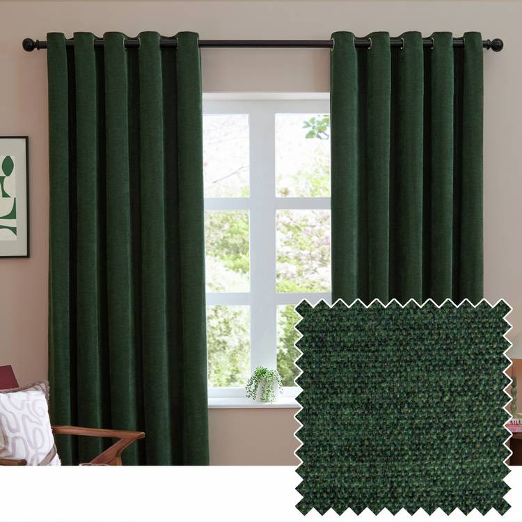 Furn dark green chenille blackout eyelet curtains 168x137cm - British product