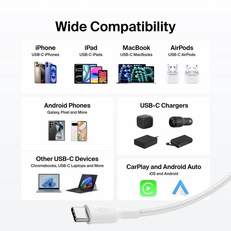 Belkin 240W USB-C braided cable 2m white - British product