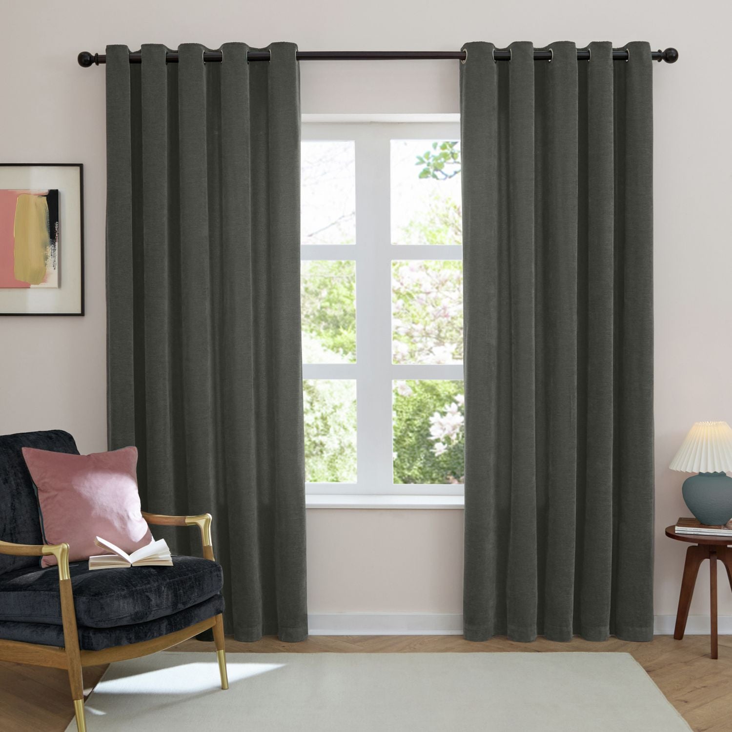 Furn Soft Chenille Blackout Eyelet Curtains - Charcoal - 168x229cm