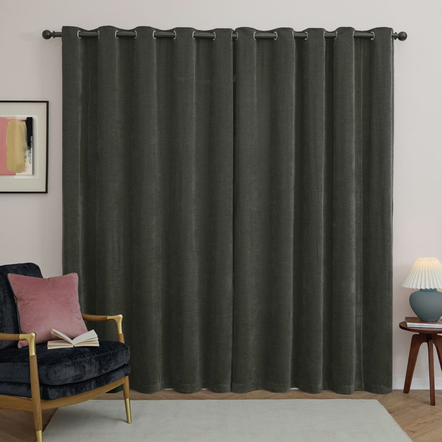 Furn Soft Chenille Blackout Eyelet Curtains - Charcoal - 168x229cm