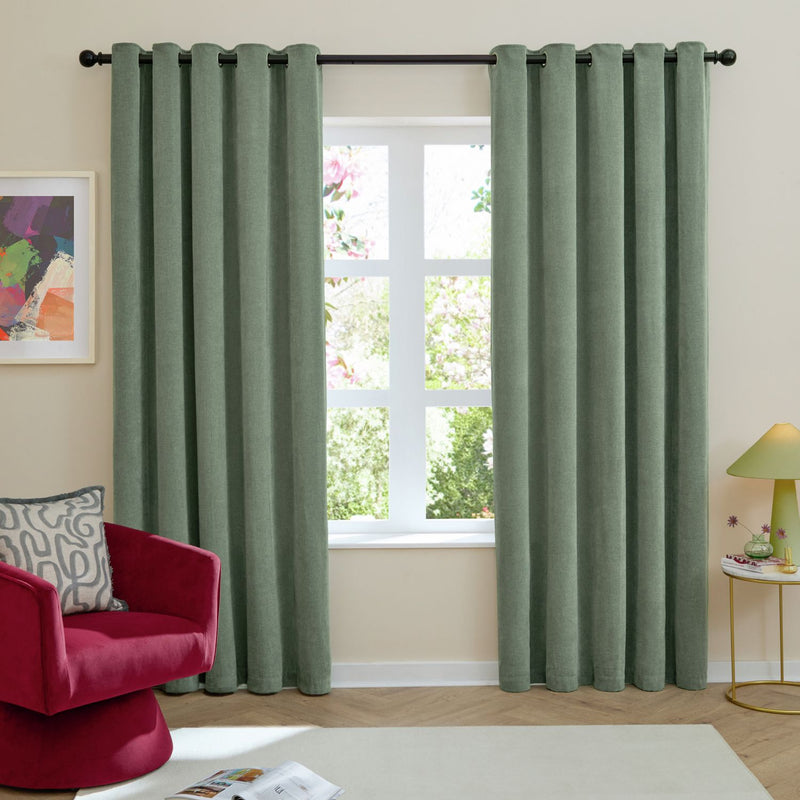 Furn Soft Chenille Blackout Eyelet Curtains - Green - 168x229cm