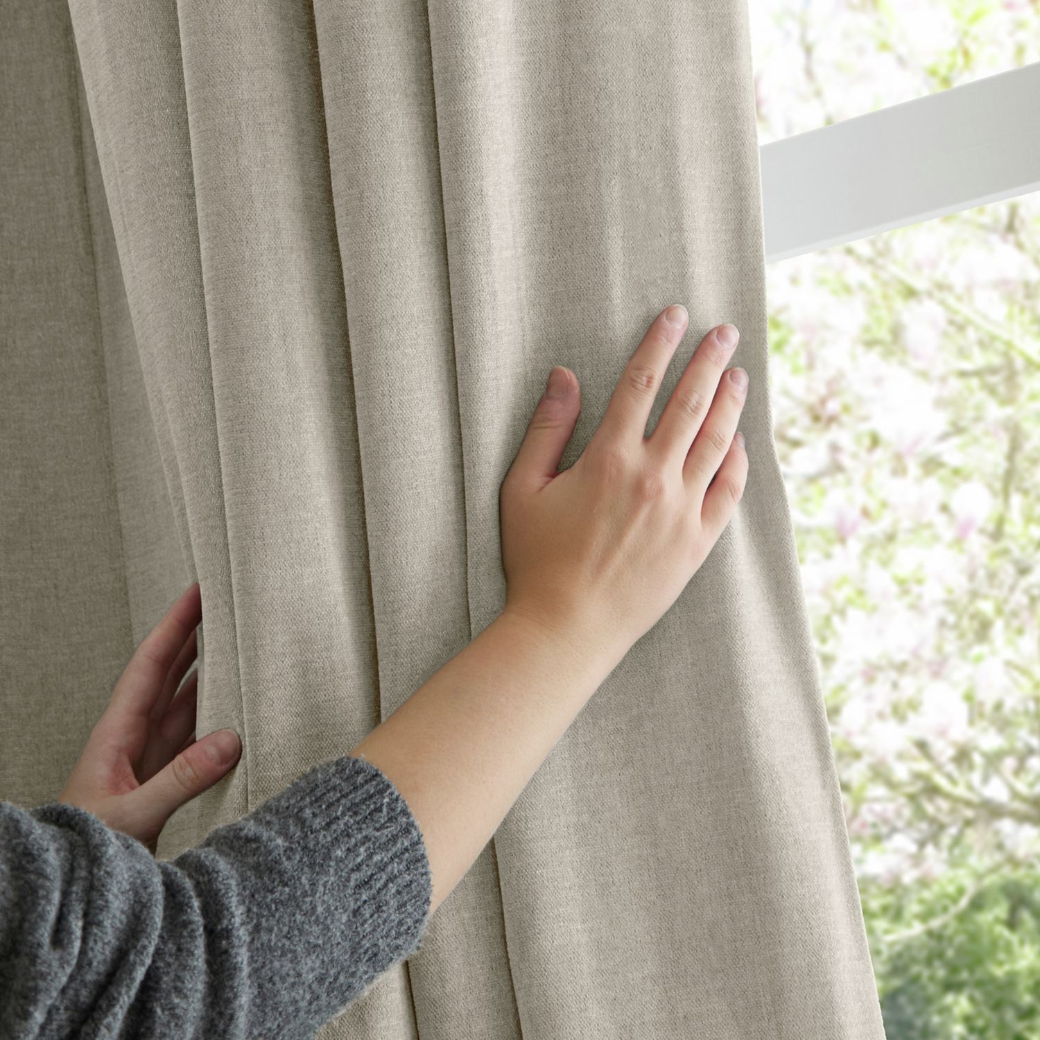 Furn Soft Chenille Blackout Eyelet Curtains - Natural - 168x229cm