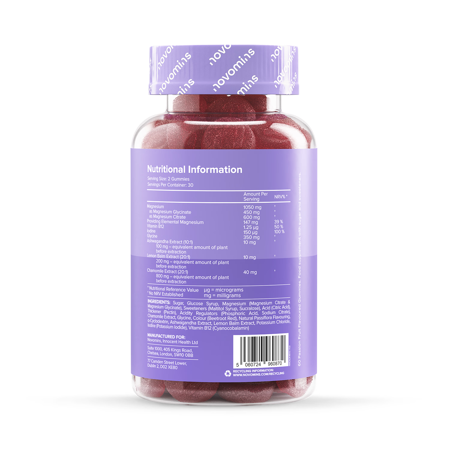 Novomins Calm Magnesium Glycinate Gummies 60, imported from the UK