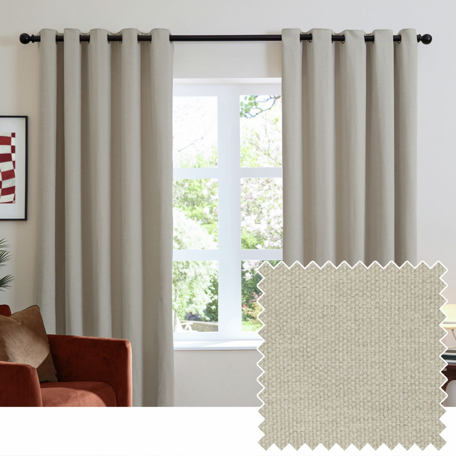 Furn Soft Chenille Blackout Eyelet Curtains - Natural - 229x183cm