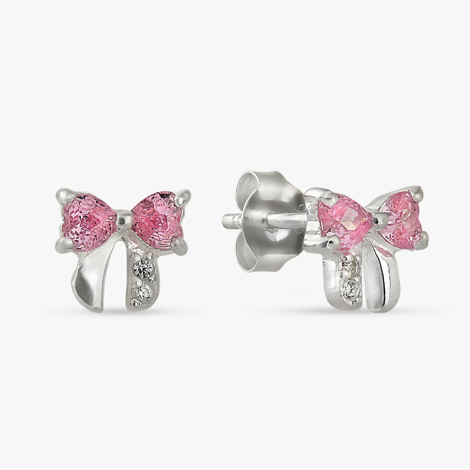 Revere silver bow stud earrings with pink cubic zirconia, imported from the UK