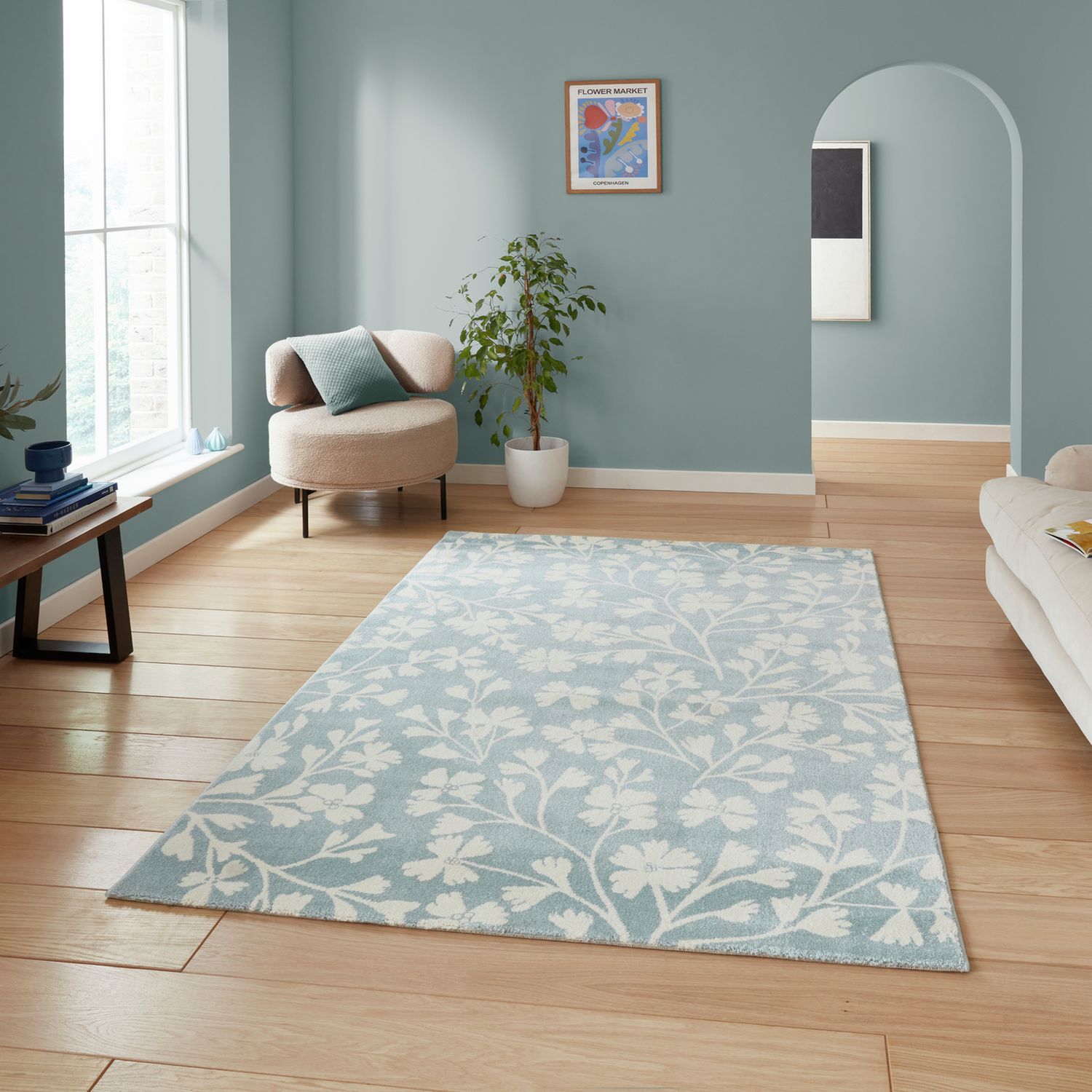 Catherine Lansfield Floral Blue Short Pile Rug - 80x150cm