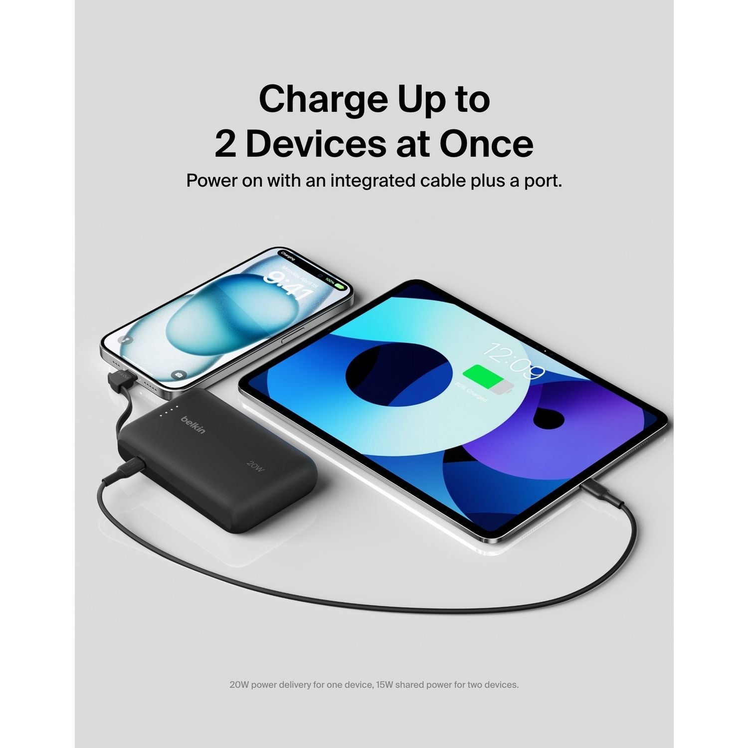 Belkin 20W 10000mAh power bank black built-in USB-C cable (British brand)
