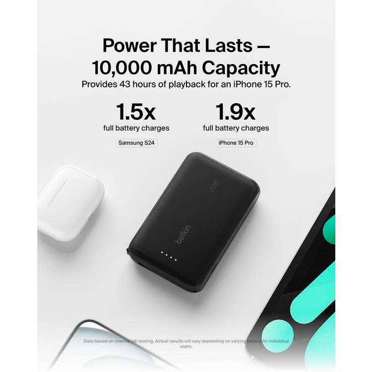 Belkin 20W 10000mAh power bank black built-in USB-C cable (British brand)