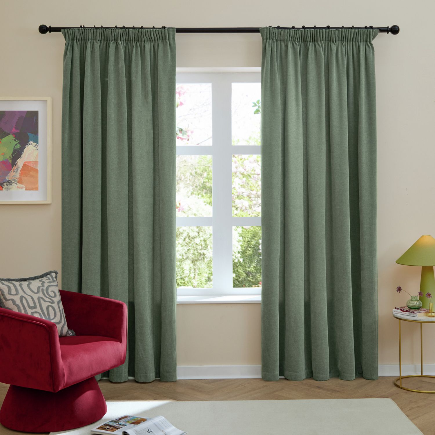 Furn Soft Chenille Blackout Pencil Pleat Curtains - Green - 168x183cm