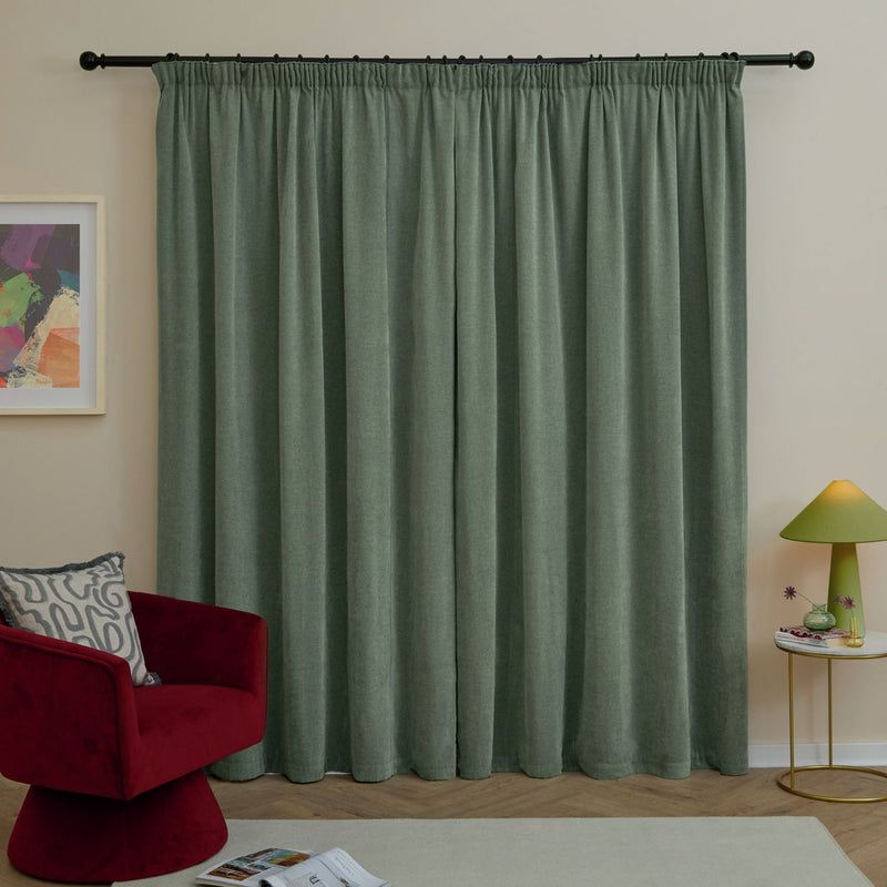 Furn Soft Chenille Blackout Pencil Pleat Curtains - Green - 168x183cm