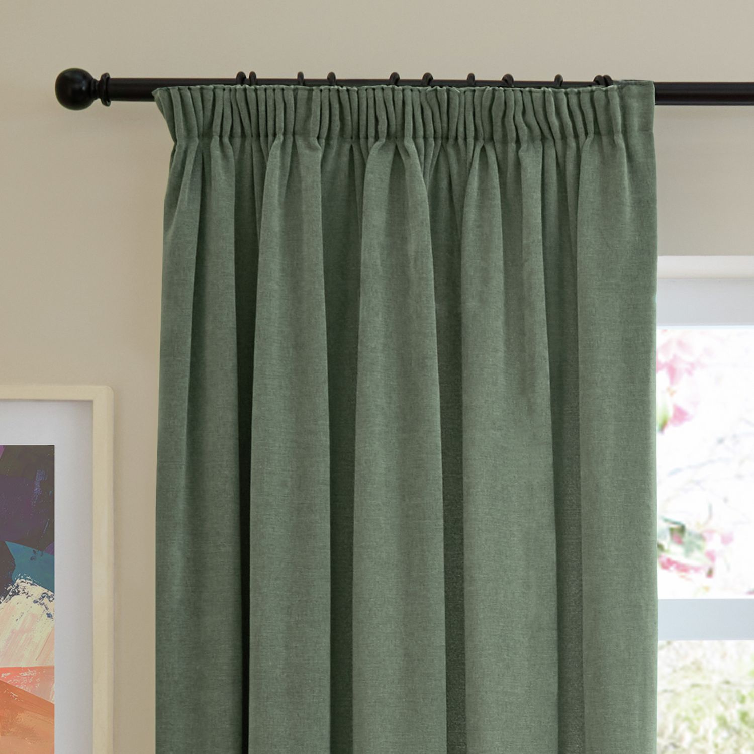Furn Soft Chenille Blackout Pencil Pleat Curtains - Green - 168x183cm