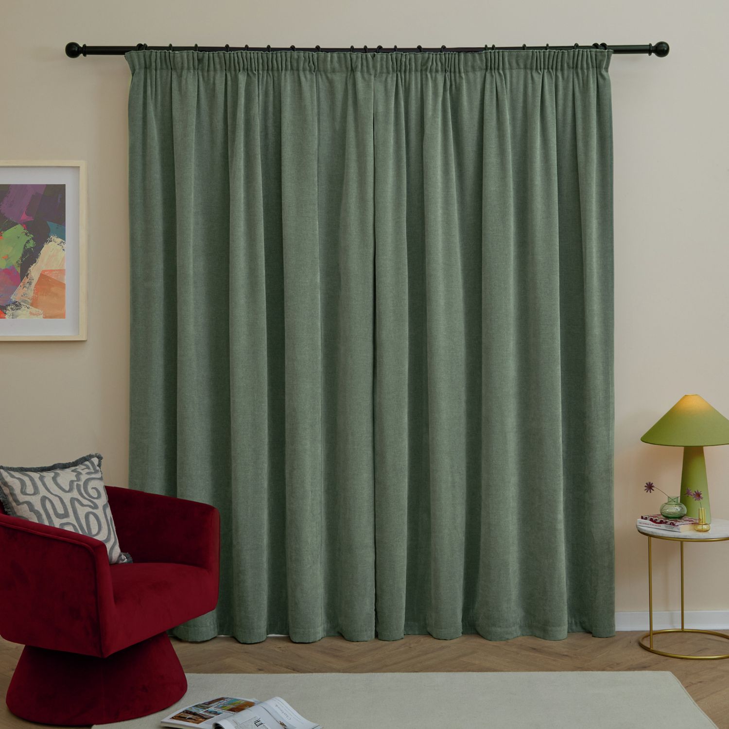 Furn Soft Chenille Blackout Pencil Pleat Curtains - Green - 168x229cm