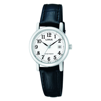 Argos Lorus Ladies White Dial with Date Black Leather Strap Watch- Buy online at McGrocer