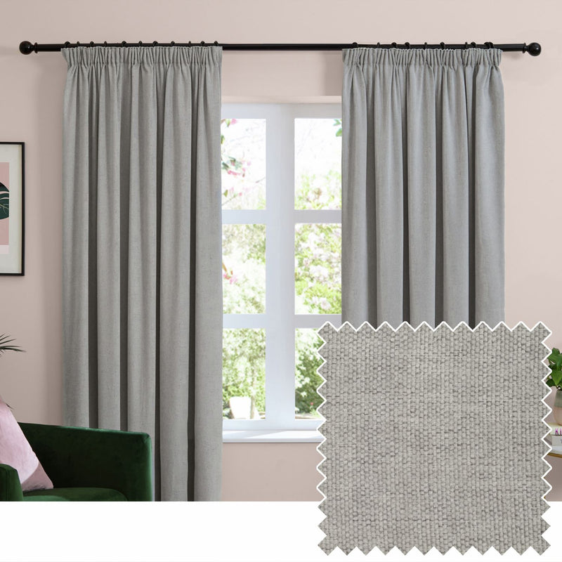 Furn Soft Chenille Blackout Pencil Pleat Curtains - Silver - 117x183cm