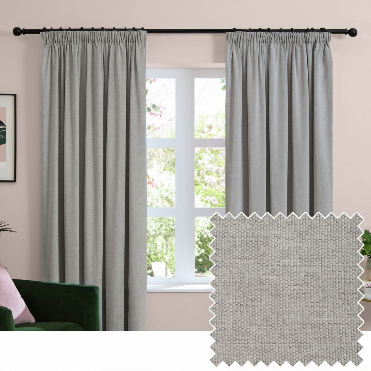 Furn Soft Chenille Blackout Pencil Pleat Curtains - Silver - 229x229cm