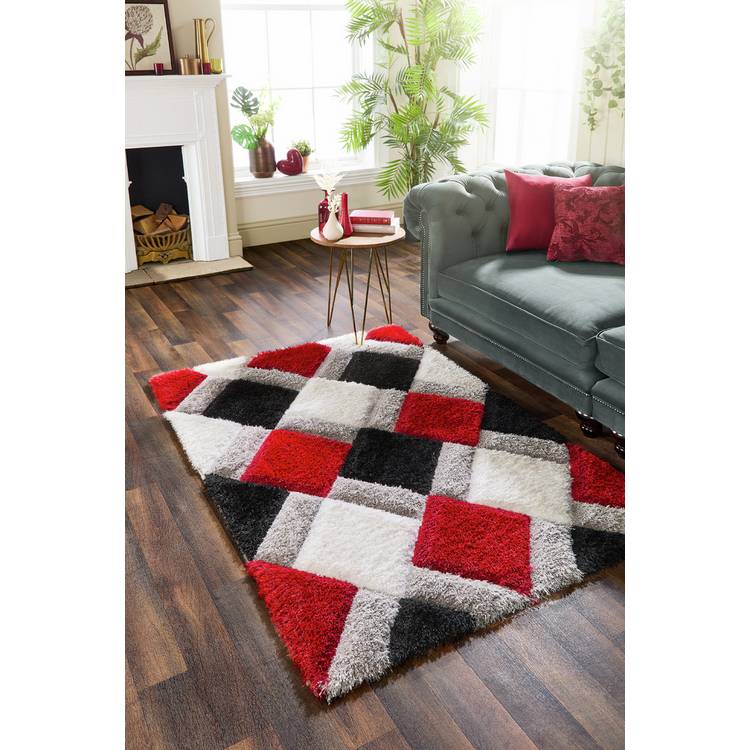 Origins red shaggy geometric rug 120x170cm, imported from the UK