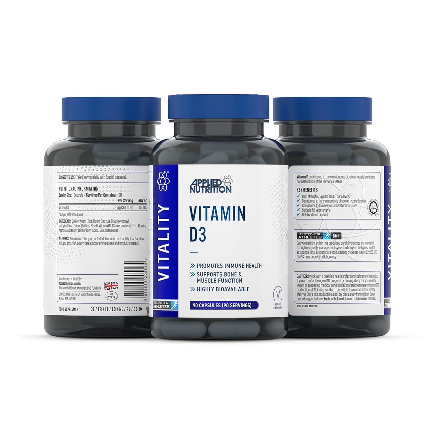 Applied Nutrition Vitamin D3 3000IU 90 capsules, imported from the UK