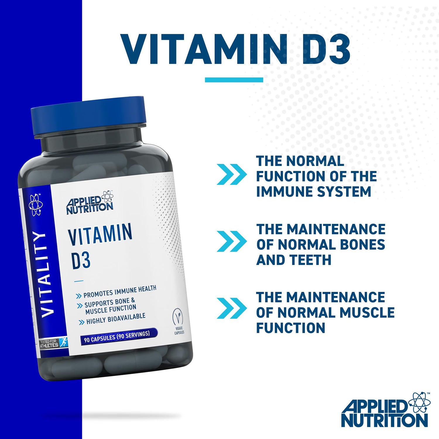 Applied Nutrition Vitamin D3 3000IU 90 capsules, imported from the UK