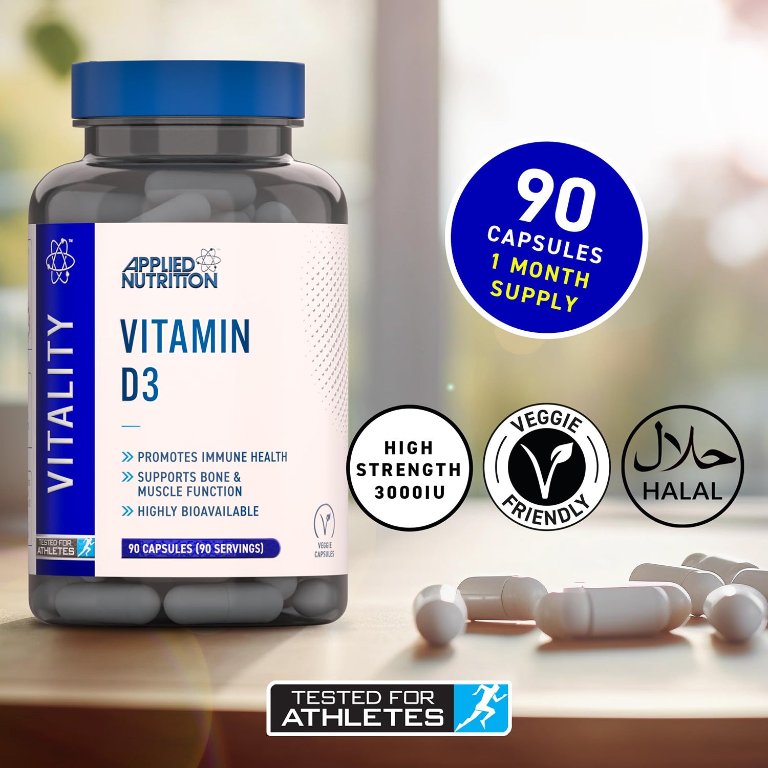 Applied Nutrition Vitamin D3 3000IU 90 capsules, imported from the UK