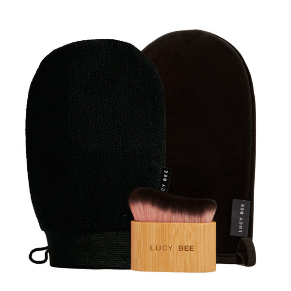 Lucy Bee tanning accessory set with mitt brush exfoliator - British product