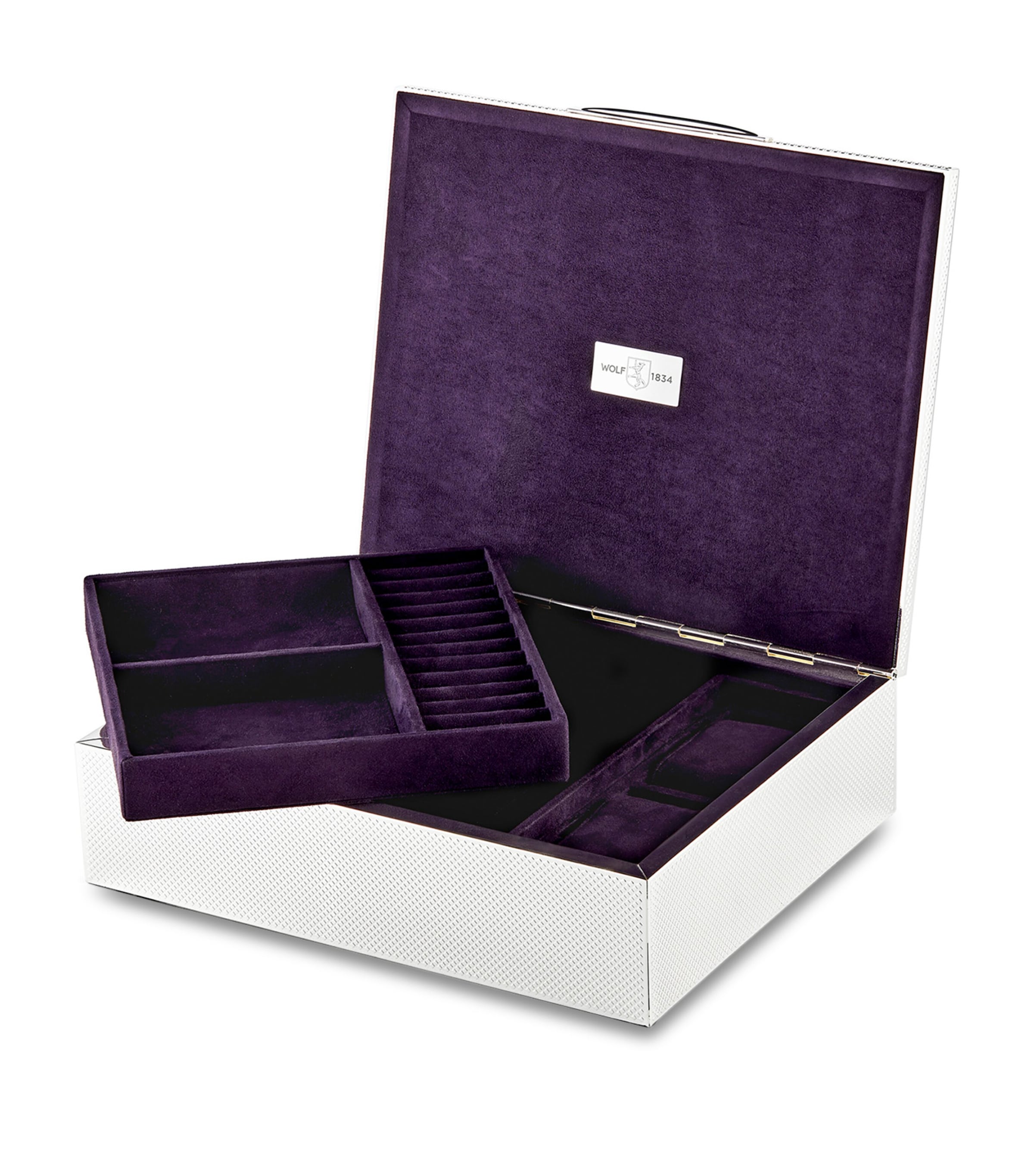 WOLF silver-plated iron jewellery box with detachable compartments and purple lining 7x25x20cm (British brand)