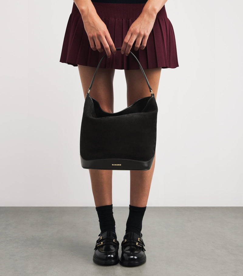 Sandro Paris suede Tangoso bucket bag with gold-tone hardware - British product
