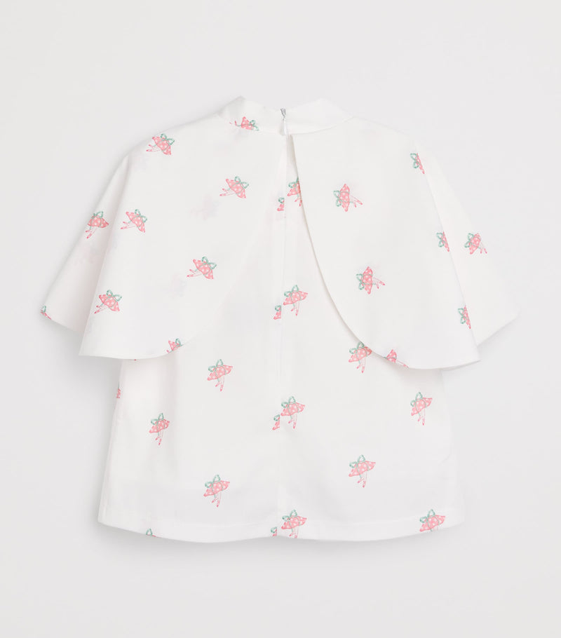 Mama Luma satin tie-neck blouse with mushroom-capped ballet dancers print for girls 3-12 years, imported from the UK