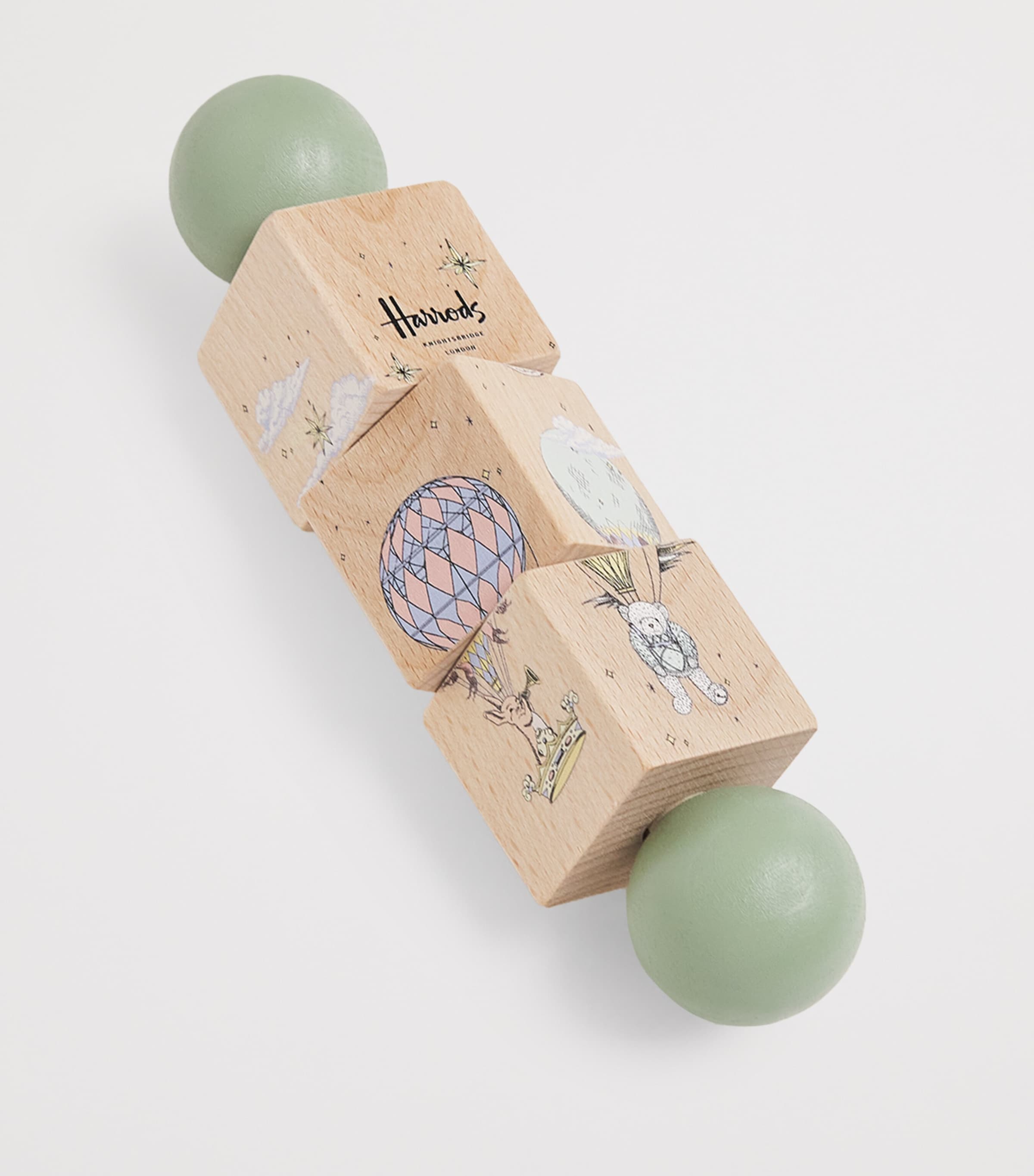 Harrods wooden twist block toy with three illustrated pastel prints, UK version
