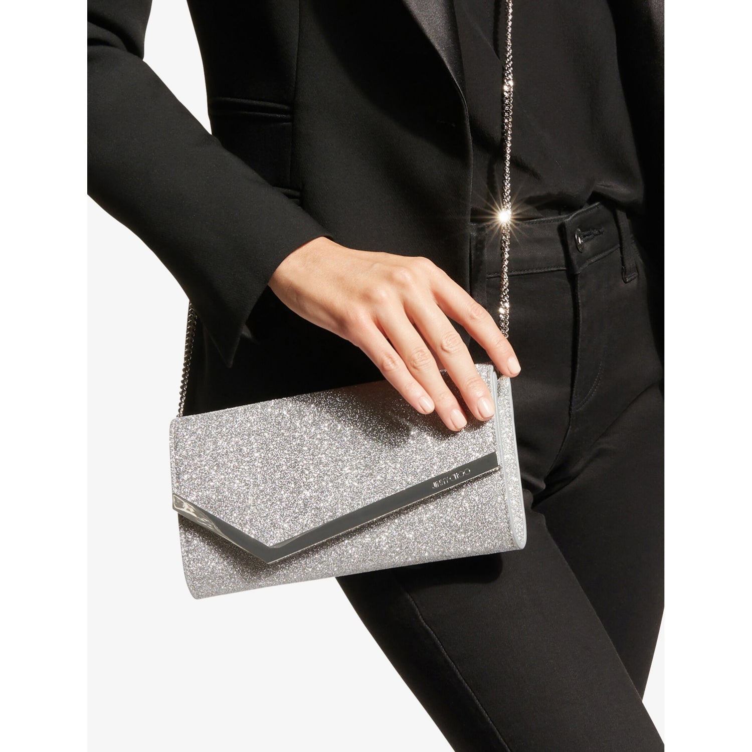 Jimmy Choo Emmie glittered leather mini clutch, UK version