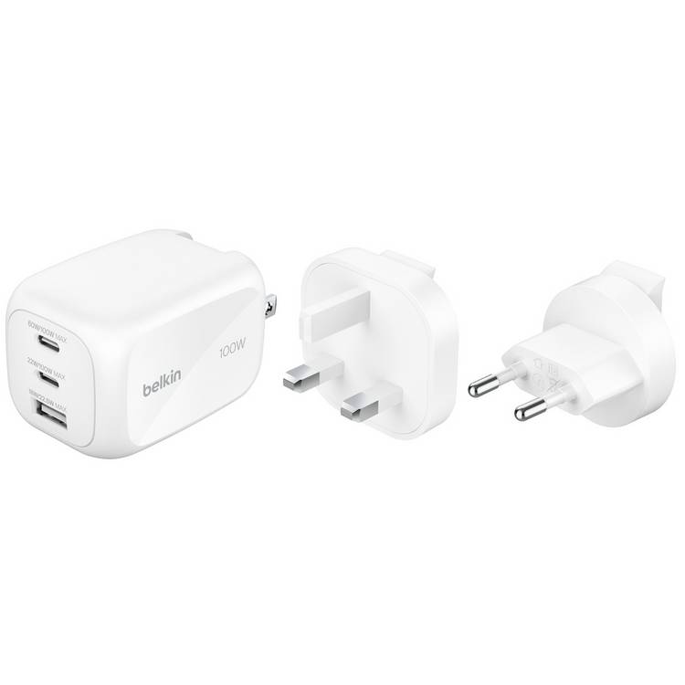 Belkin 100W Dual USB-C & A Wall Charger with EU & US Travel Tips - White