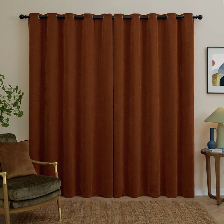 Furn soft chenille blackout eyelet curtains rust 117x137cm, UK version