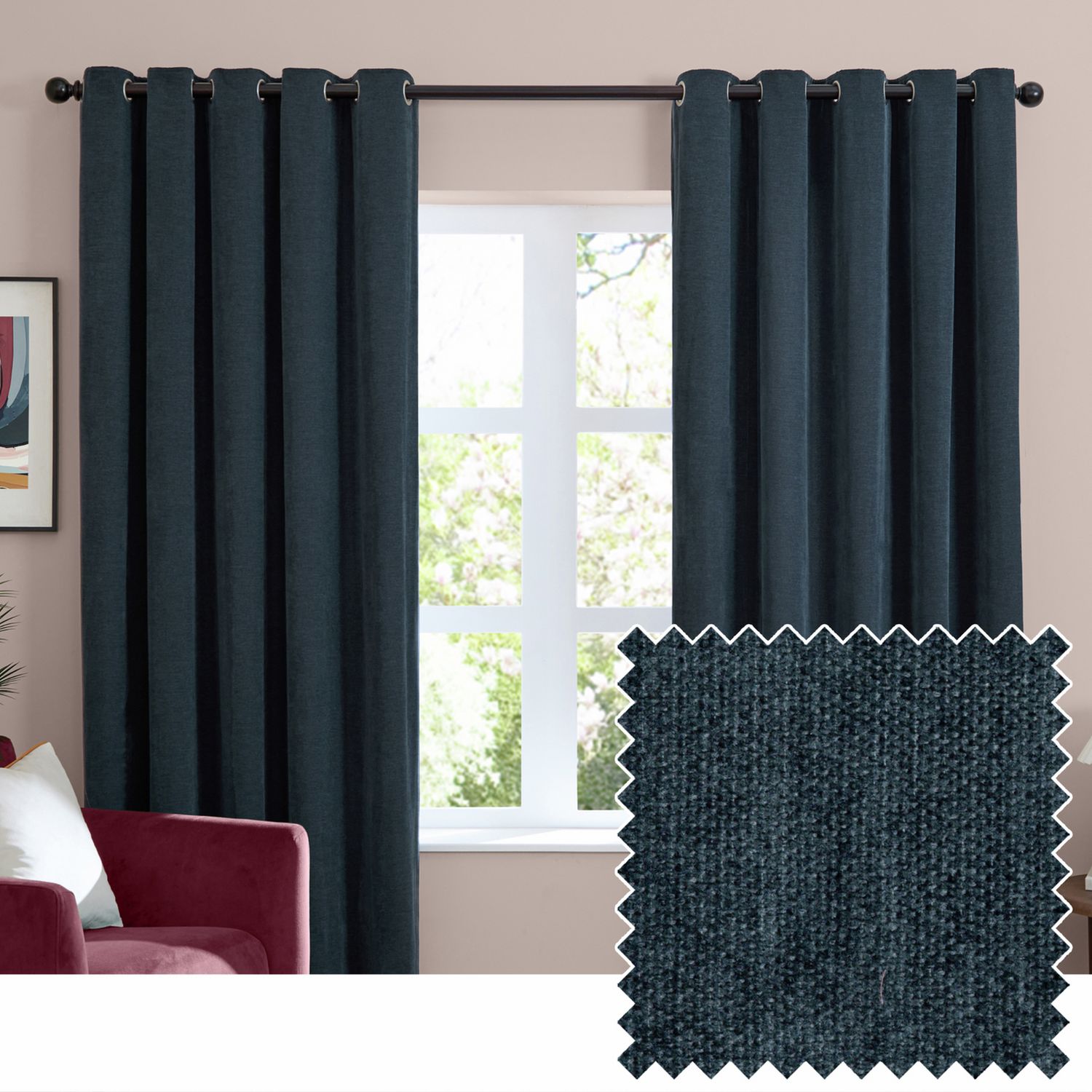 Furn Soft Chenille Blackout Eyelet Curtains - Navy Blue - 229x183cm