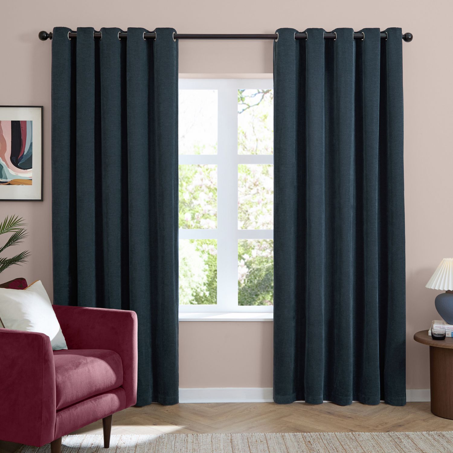 Furn Soft Chenille Blackout Eyelet Curtains - Navy Blue - 229x229cm