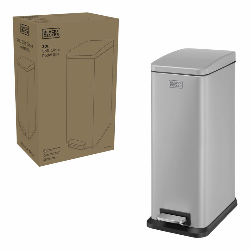 Black+Decker 20 litre soft close pedal bin in grey, UK version
