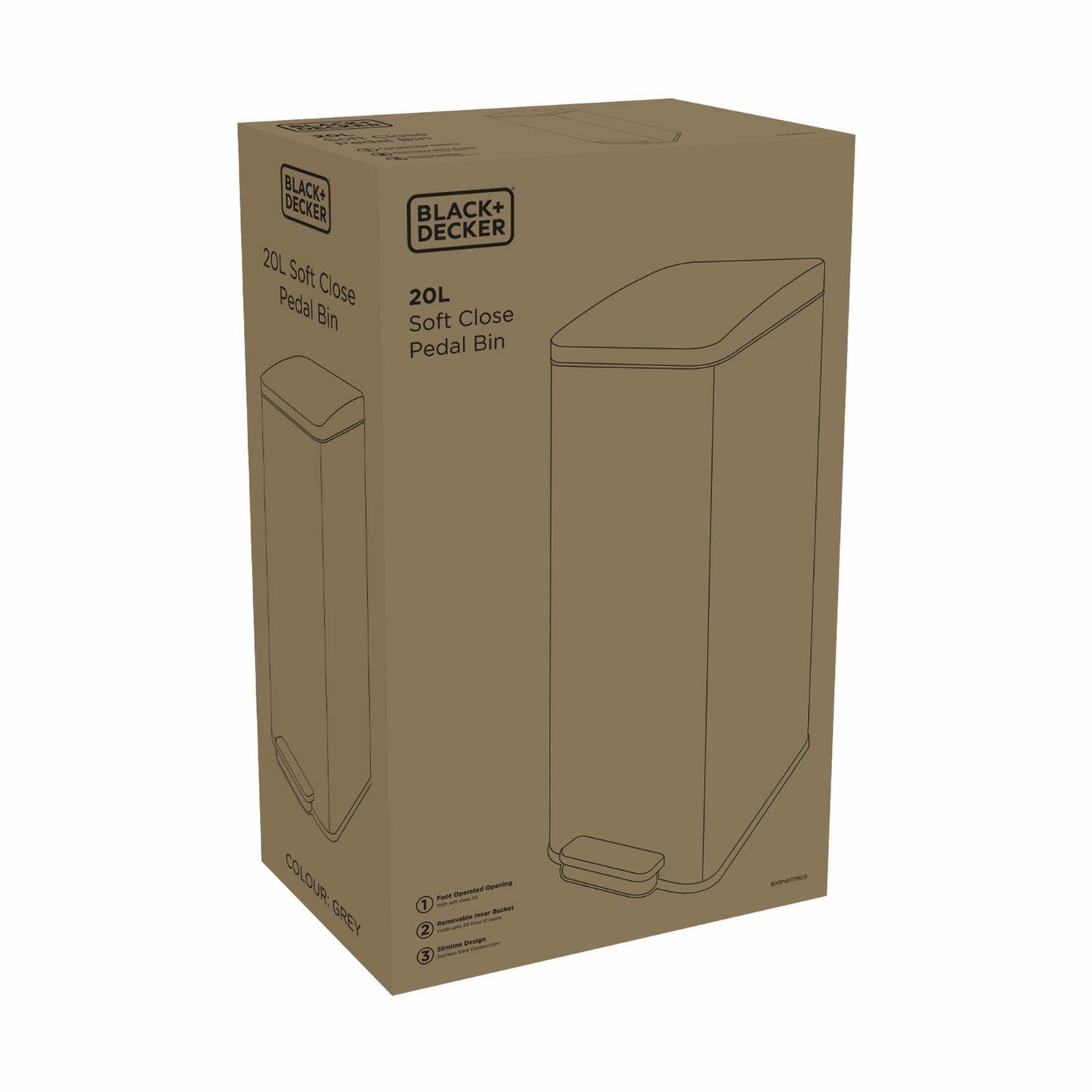 Black+Decker 20 litre soft close pedal bin in grey, UK version
