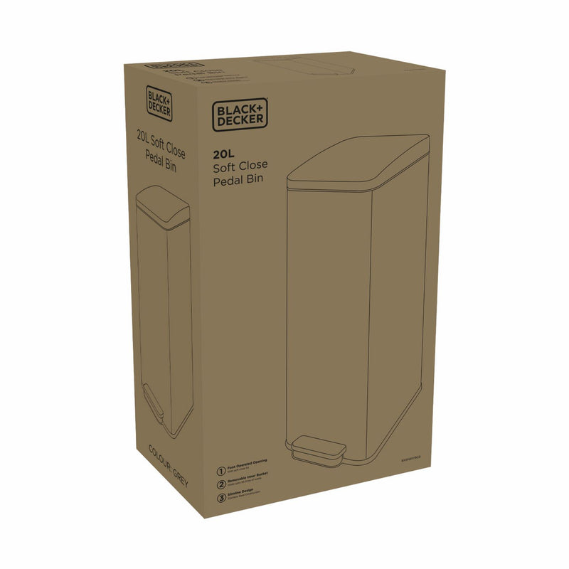 Black+Decker 20 litre soft close pedal bin in grey, UK version