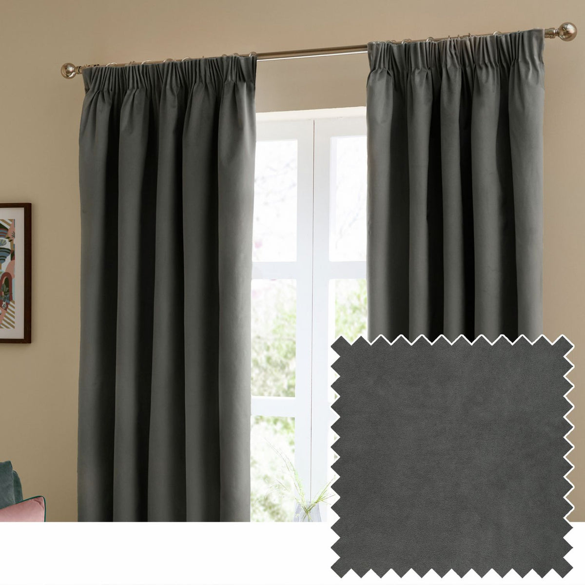 Furn Ultimate Velvet Blackout Pencil Pleat Curtains - Charcoal - 168x183cm