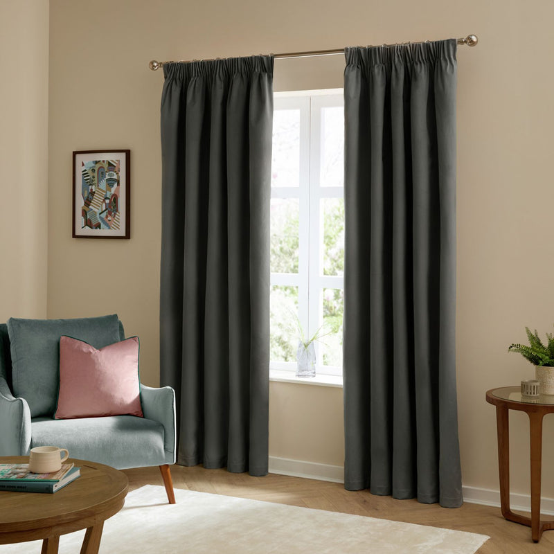 Furn Ultimate Velvet Blackout Pencil Pleat Curtains - Charcoal - 168x183cm