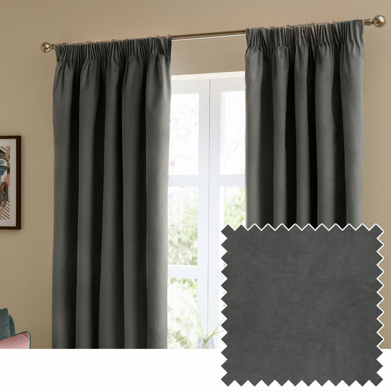 Furn Ultimate Velvet Blackout Pencil Pleat Curtains - Charcoal - 229x229cm
