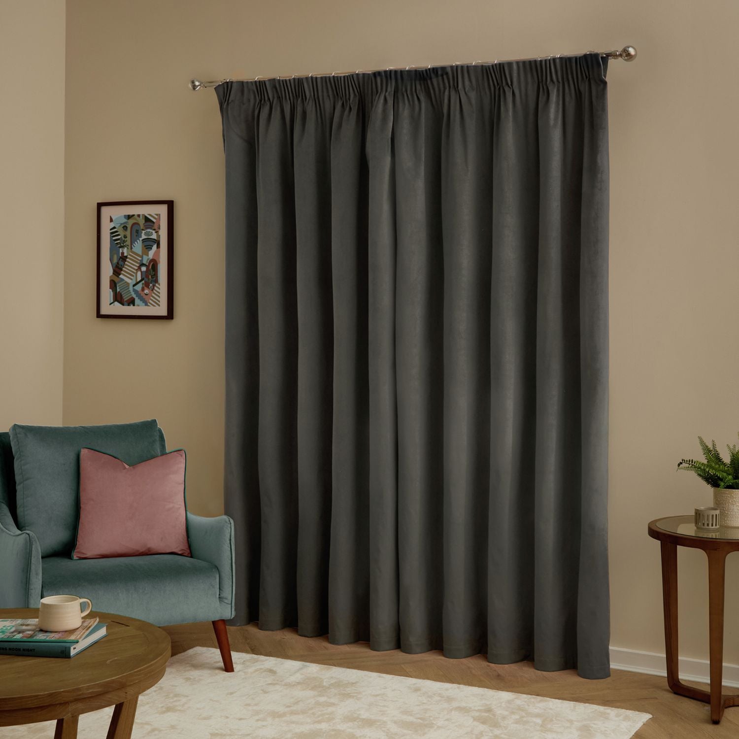 Furn Ultimate Velvet Blackout Pencil Pleat Curtains - Charcoal - 229x229cm