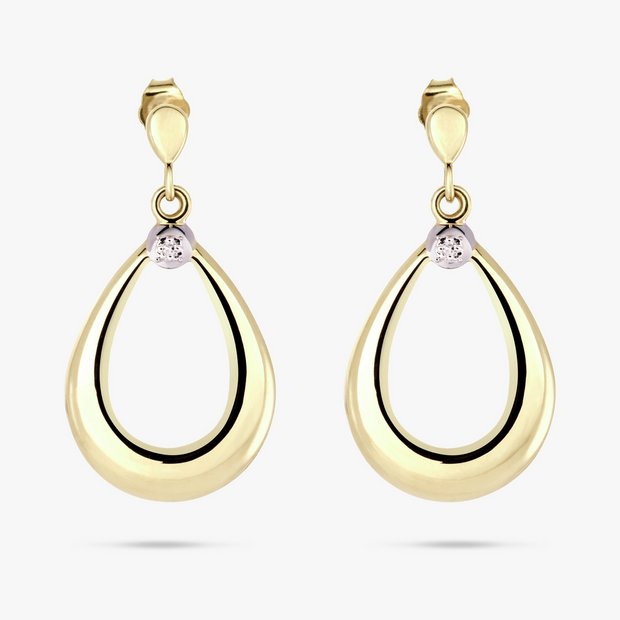 Revere 9ct gold pear shaped drop earrings with diamond, imported from the UK