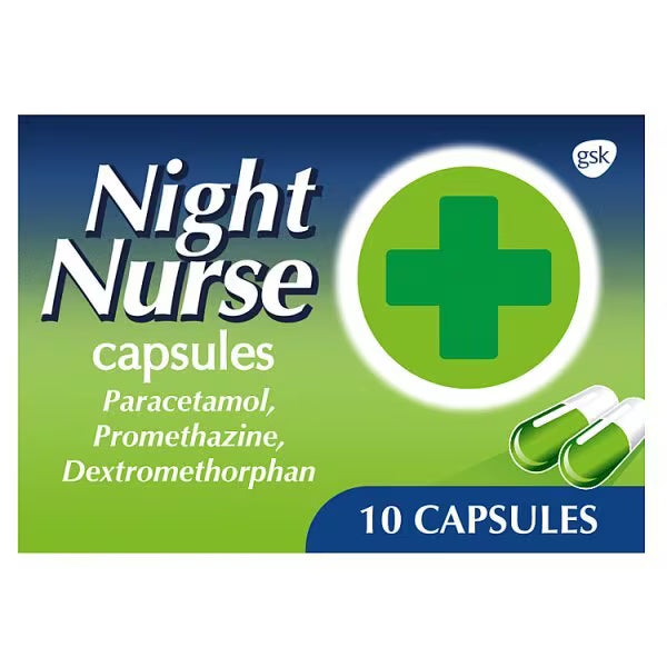 Night Nurse cold flu relief capsules 10-count, imported from the UK